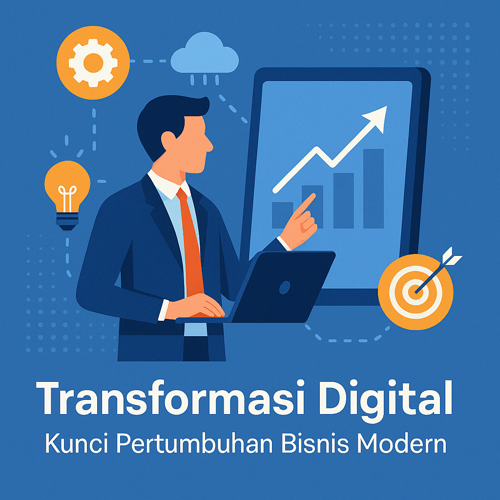 Ilustrasi bisnis transformasi digital dengan pebisnis menunjuk grafik pertumbuhan di layar tablet.
