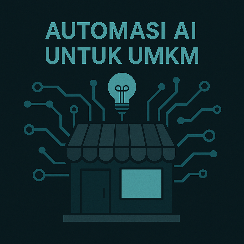 Ilustrasi toko UMKM dengan rangkaian sirkuit dan lampu ide di latar biru toska