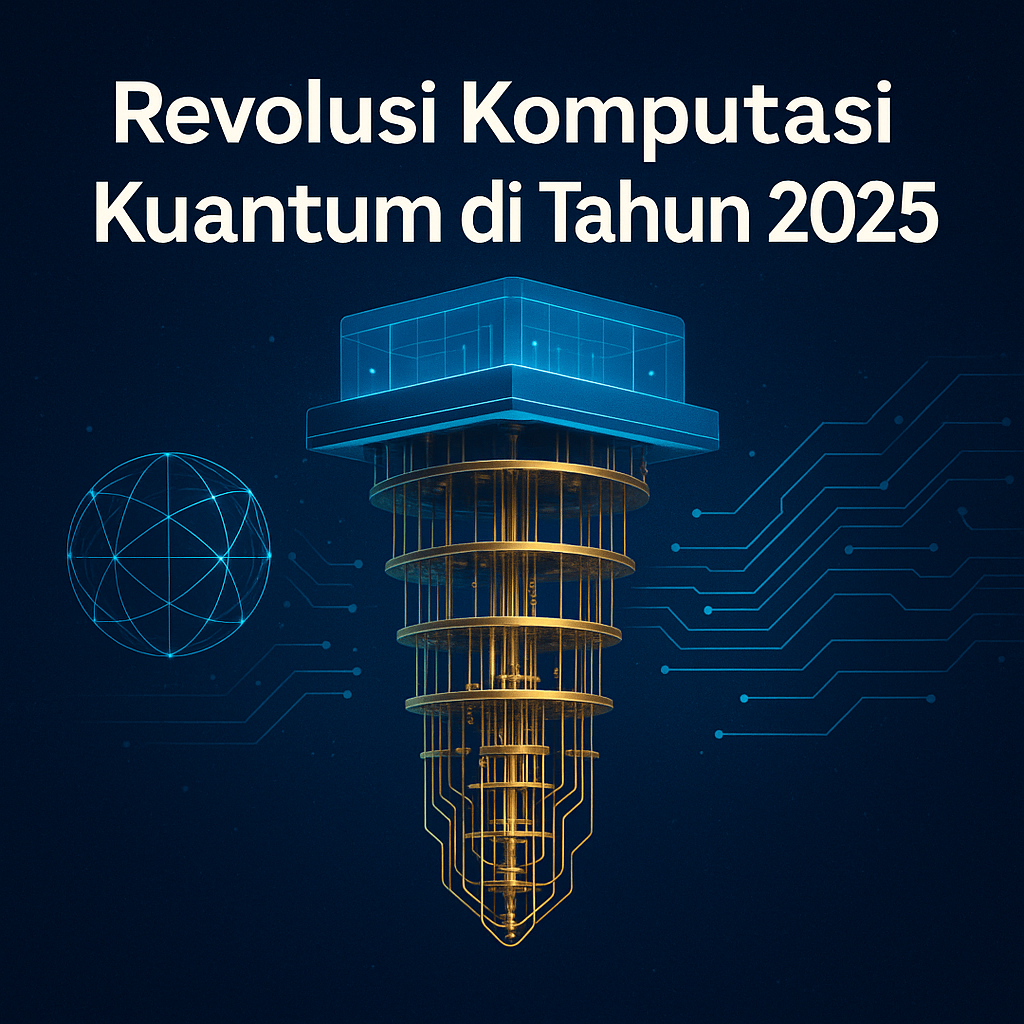 "Ilustrasi komputer kuantum futuristik dengan struktur pendingin vertikal berlapis, elemen sirkuit digital biru, dan judul Revolusi Komputasi Kuantum di Tahun 2025."