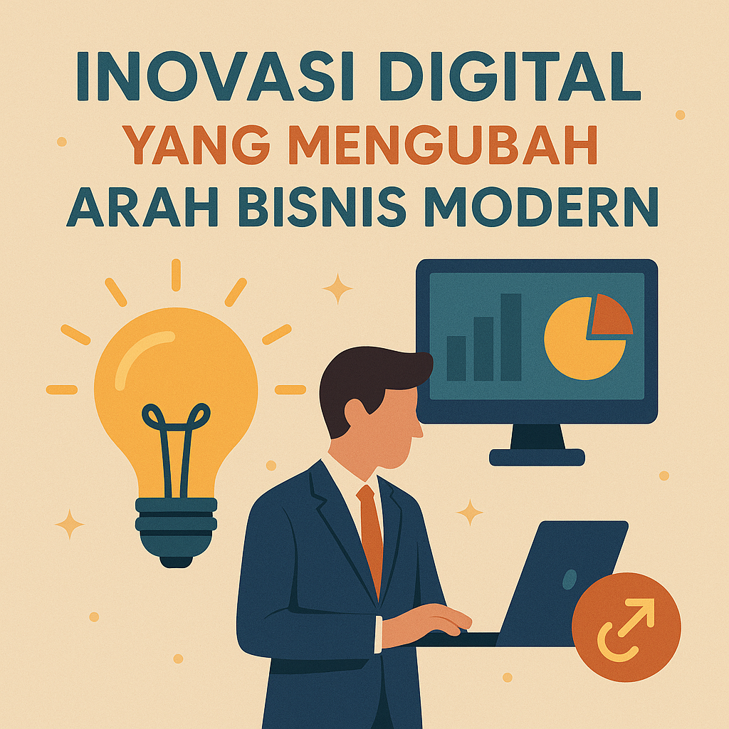 Ilustrasi flat design bertema inovasi digital dan bisnis modern, menampilkan pria bekerja dengan laptop, ikon lampu ide, serta layar grafik pertumbuhan.