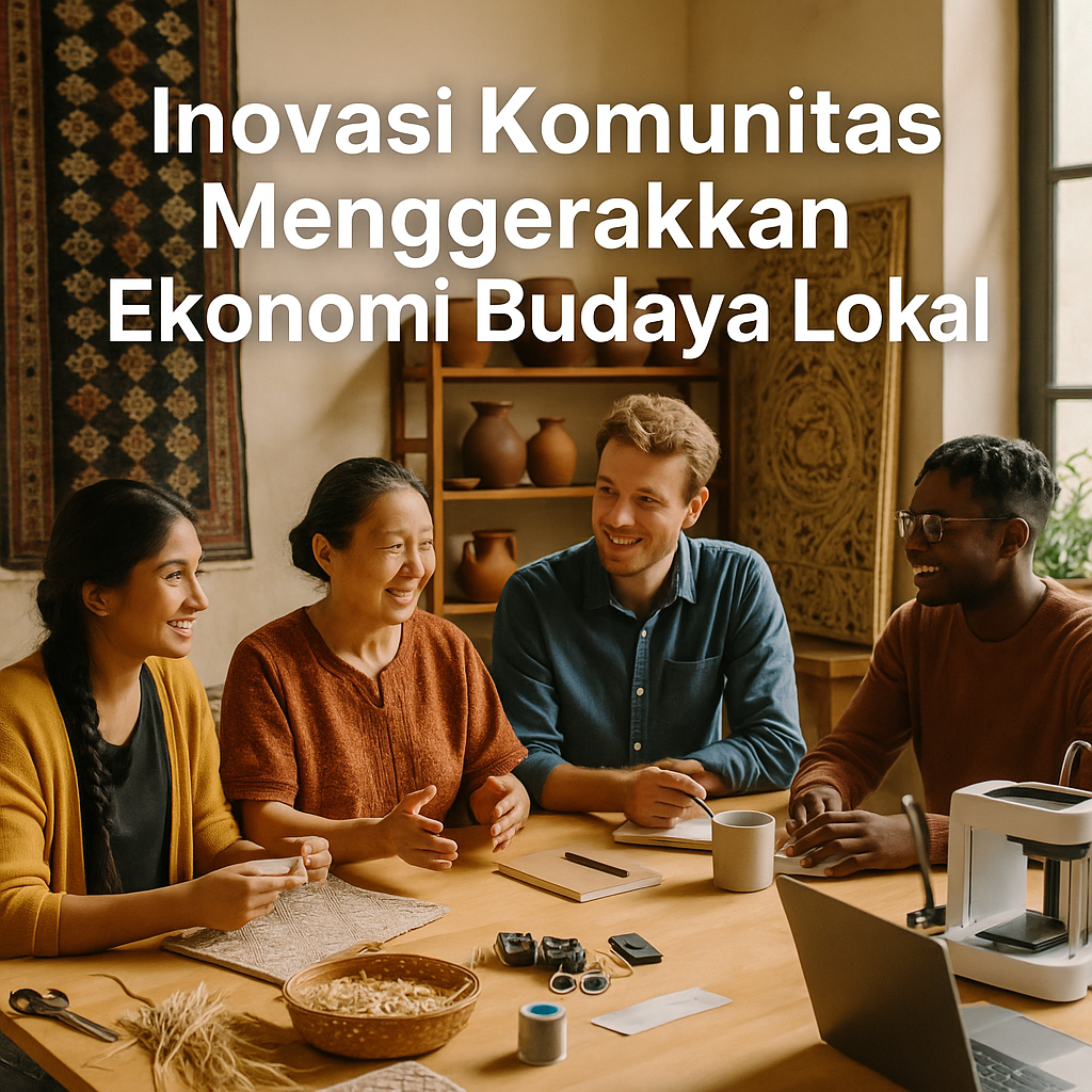 Empat anggota komunitas berkolaborasi dalam ruang kerja kreatif sambil berdiskusi tentang inovasi untuk menggerakkan ekonomi budaya lokal.